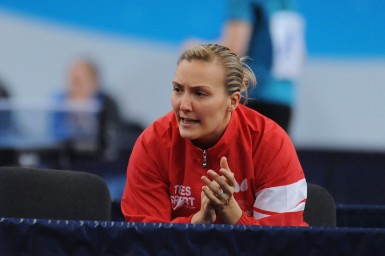 Kelly Sibley supports from the sidelines in Russia. Picture: ITTF