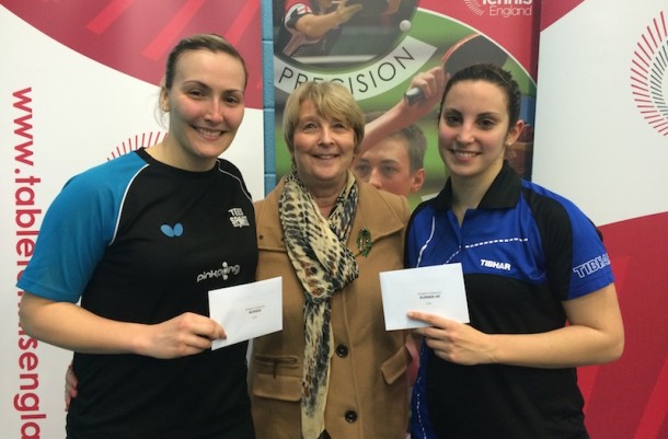 Finalists Kelly Sibley and Chiara Colantoni with Chair of Table Tennis England, Sandra Deaton