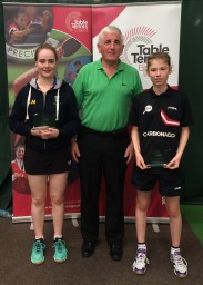 Katie McGlone [left] and Charlotte Bardsley [right] pictured with Table Tennis England board member, Tom Purcell