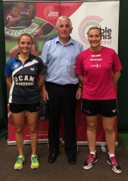 Iulia Necula [left] and Kelly Sibley [right] pictured with Table Tennis England board member, Tom Purcell