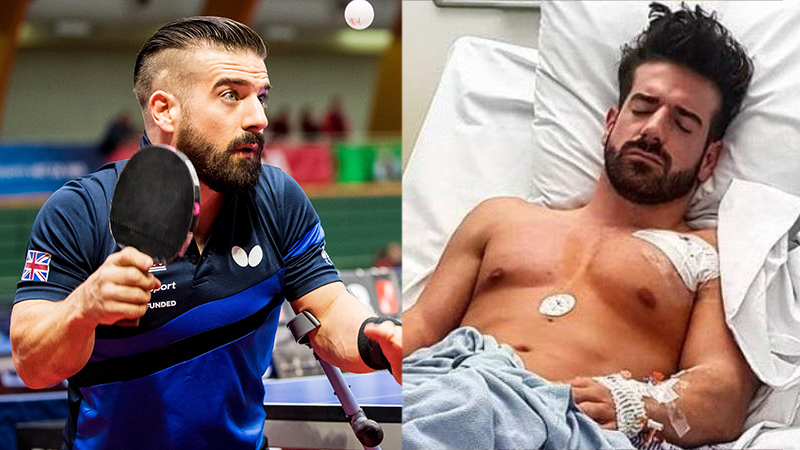 David Wetherill competing at the European's (left) / in hospital after heart surgery (right)